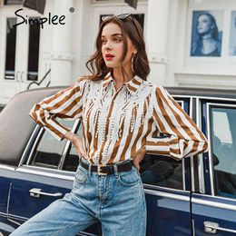 Casual Shirt collar stripe women Hollow out flower female vintage blouse tops long sleeve ladies blouses 210414