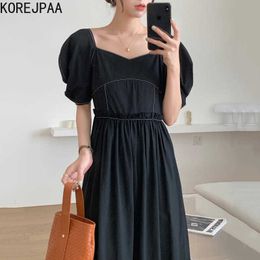 Korejpaa Women Dress Korean Temperament Square Collar Clear Line Frills High-waist Bubble Sleeve Dress Long Vestido Female 210526