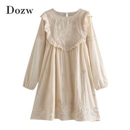 Fashion Cotton Embroidery Mini Dress Women Stylish Long Sleeve Flower Ruffle Sweet Dresses Ladies O Neck Casual Loose Dress 210414
