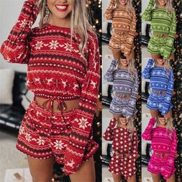 Women Christmas Pajama Sets Long Sleeve Crop Top Shorts 2Pcs Xmas Snowflake Print Knit Fall Homewear 211215