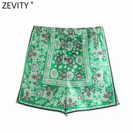 Zevity Women Vintage Position Flower Print Casual Bermuda Shorts Female Chic Elastic Waist Bow Pantalone Cortos P1140 210724