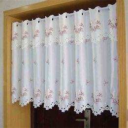 Pastoral style Half Curtains Transparent Tulle Valance Fashion Pink Embroidered Flowers Short Curtain for Kitchen Cabinet Door 210712