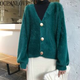 Soft Mujer Sueter Solid Sweet Autumn Winter Warm Sweaters Women V Neck Korean Style Cardigans Fashion Clothes 17603 210415