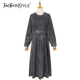 TWOTWINSTYLE Denim Solid Dress For Women O Neck Long Sleeve High Waist Lace Up Bowknot Elegant Dresses Female Fashion Style 210517