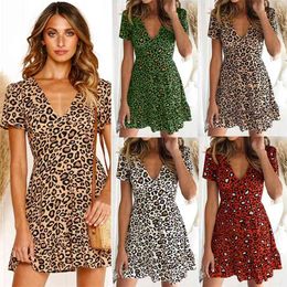 Spring Summer Sexy V-neck High Waist Short Sleeve Leopard Print Dress Women Plus Size 3XL Ruffled Mini Vestidos 210517