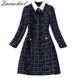 Fashion Designer Navy Blue Plaid Bow Tie Tweed Autumn Winter Women Long Sleeve Diamonds Button Vintage Woolen Short Dress 210416