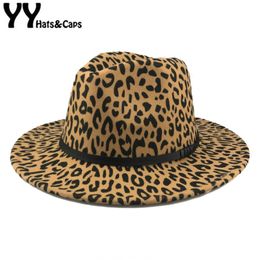 Leopard Fedora Cap For Women Fashion Winter Felt Hats Men Retro Panama Jazz Belt Chapeaux Rond Homme FD20059 Wide Brim