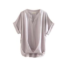 Women's Blouses & Shirts Solid Color Wrinkles Womens Harajuku Style Temperament V-neck Femme Clothing Loose Thin Cotton Linen Ladies Shirt T