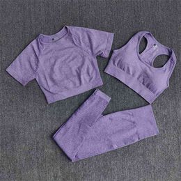 3PCS Seamless Women's Sportswear Yoga Set Workout Gym Clothing Fitness Short Sleeve Crop Top High Waist Leggings Sports Suits 210802