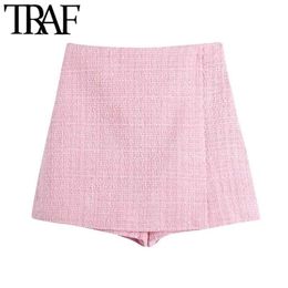 TRAF Women Chic Fashion Tweed Shorts Skirts Vintage High Waist Back Zipper Female Skort Mujer 210724