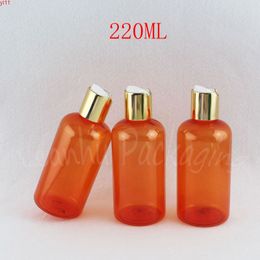 220ML Orange Plastic Bottles With Gold Disc Top Cap, 220CC Makeup Sub-bottling , Lotion / Shampoo Packaging Bottle ( 30 PC/Lot )high qty