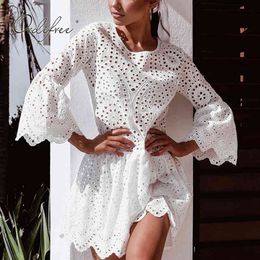 Summer Sundress Women Embroidery Mini Ruffle Sexy White Lace Short Tunic Beach Dress 210415
