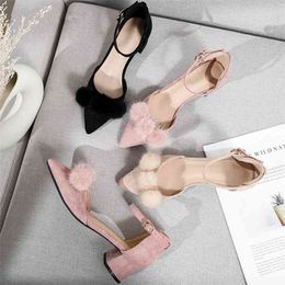 Women Heels Shoes Ladies Fur Fluffy Balls Flock Ankle Strap Solid Black Beige Pink Pointed Toe Square High Heel Woman Pumps 210520