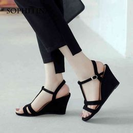 SOPHITINA Classic Wedges Female Shoes Summer Narrow Band Ankle Buckle Shoes Solid Colour Korean Comfortable Women Sandals AO554 210513
