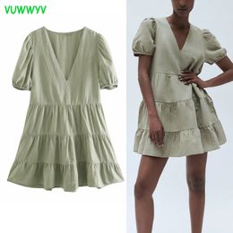 VUWWYV Dresses Green Ruffle Linen African Dress Women Summer Short Puff Sleeve Party Mini Woman Pleated Vestidos 210430