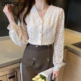 Elegant Tops Shirt Women Korean Style V-Neck Lantern Sleeve Embroidered Lace Mesh Blouse Plus Size Spring Summer 210601