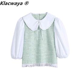 Women Fashion Cute Patchwork Textured Tassel Cropped Blouses Vintage Long Sleeve Female Shirts Blusas Casual Tops 210521