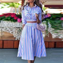 Elegant Turn-down Collar Button Blouse + Skirts Suit Autumn Fashion Striped Print Two Piece Sets Casual 3/4 Sleeve Women Outfits 220302