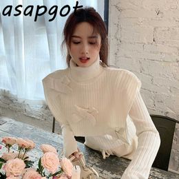 Pullovers Jumpers Elegant White Bow Turtleneck Shrug Wrap Swing Fake Two Piece Sweater Sweet Retro Red Long Sleeve Knitted Top 210610