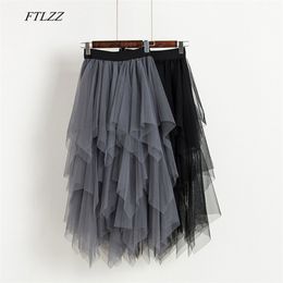 FTLZZ Tulle Skirts Women High Waist Mesh Hem Asymmetrical Pleated Midi Female Black Pink Summer Mid-calf 210708
