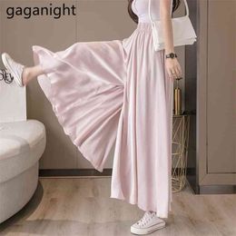 Wide Leg Chiffon Pants Women Spring Summer Loose Ankle Length High Waist Solid Skirt Casual Trousers 210601