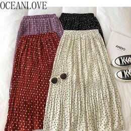 Ins Fashion Spring Summer Women Polka Dot A-line Pleated Mujer Faldas Vintage High Waist Long Skirts Sweet 210415