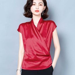 Korean Silk Women Blouses Top Woman Elastic Satin Blouse V-neck Shirt Plus Size Blusas Mujer De Moda 4XL 210531