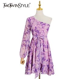 Asymmetrical Chiffon Dress For Women Long Sleeve High Waist Print Hit Colour Mini Dresses Female Fashion 210520