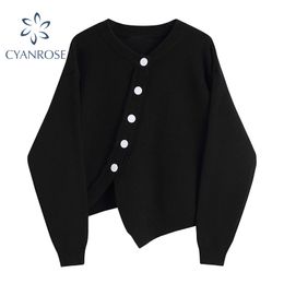 Irregular Single Breasted Black Sweater Women Spring Hem Cropped Cardigan Knitted Tops Korean Loose Streetwear OL Knitwear 210417