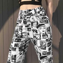 Women Pants Anime Face Harajuku Aesthetic Hipster High Waist Vintage 90s Autumn Streetwear Egirl Fashion Trousers Outfits Chic 210518