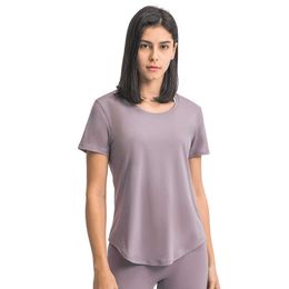 L-54 verão yoga fitness wear mulheres esportes correndo tops simples lixamento solto t shorts-mangas leves respiráveis ​​roupas de ginástica