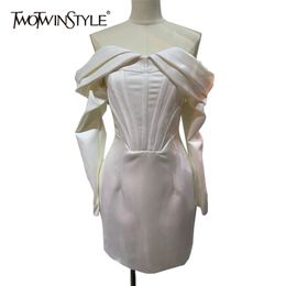 Sexy White Dress For Women Slash Neck Long Sleeve High Waist Spring Mini Dresses Female Fashion Clothing 210520