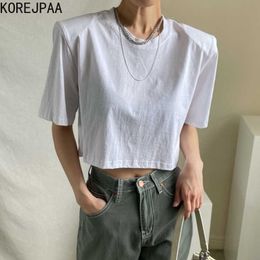 Korejpaa Women T-Shirt Summer Korean Basic Round Neck Loose Solid Color All-Match Hooded Shoulder Pad Short-Sleeved Top 210526