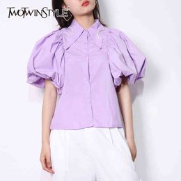 White Short Blouse For Women Lapel Puff Sleeve Patchwork Diamond Casual Shirt Female Fashion Clothing 210524