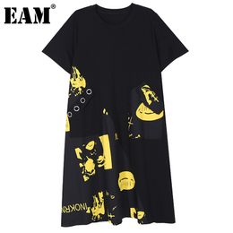 [EAM] Women Yellow Pattern Printed Long Dress Round Neck Short Sleeve Loose Fit Fashion Spring Summer 1DD6486 21512