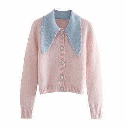 Cardigan Women Autumn Pink Gem Button Cropped Knitted Sweater Long Sleeve Contrast Collar Kawaii Ladies 210519