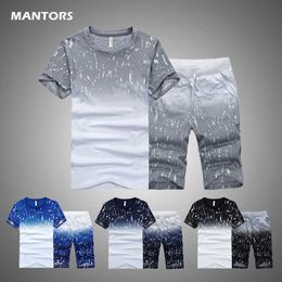 Summer Men Print Tracksuit Casual Men's Short Sets Slim T-Shirt+Shorts 2 Piece Sets 2021 Men Sports Suit Clothing Fashion Outfit X0610