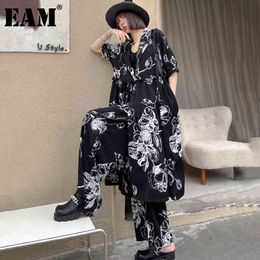 [EAM] Wide Leg Pants Printed Two Piece Suit V-Neck Long Sleeve Black Loose Fit Women Fashion Spring Autumn 1DD8419 21512