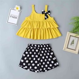 Summer Children Sets Casual Cute Pure Cotton Strap Yellow Tops Polka Dot Short Pants Girls Clothes 3M-24M 210629