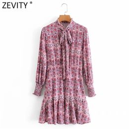 Women Sweet Agaric Lace Floral Print Casual A Line Dress Femme Pleats Long Sleeve Bow Tied Chic Party Vestido DS4872 210416