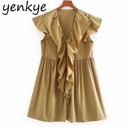 Vintage Solid Color Ruffle Poplin Dress Women Short Sleeve V Neck Sundress robe Casual Plus Size Dresses Summer vestido 210514