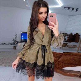 Foridol long sleeve black lace dress autumn winter women elegant ladies short dress pink eveing party dress vestidos plus size 210415