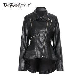 Patchwork Zipper Black Jacket For Women Lapel Long Sleeve Irregular Hem PU Leather Casual Jackets Female Fashion 210524