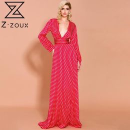 Women Dress Deep V Neck Long Sleeve Bohemia Sexy Dot Print Maxi es High Waist Split Ladies es 210524