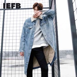 IEFB /men's wear patchwork furry lining warm denim cotton clothes male autumn winter mid-length lapel thickened coat 9Y3291 210524