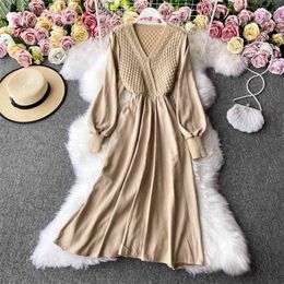 Autumn Winter Fashion Knit Patchwork Party Long Sweater Dress For Women Casual Sleeve Bandage Vestidos Female A-Line Robe 210514