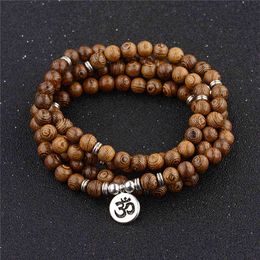 Multilayer 108 Wood Beads Lotus Om Bracelet Tibetan Buddhist Mala Buddha Charm Rosary Yoga Wooden for Women Men Jewellery