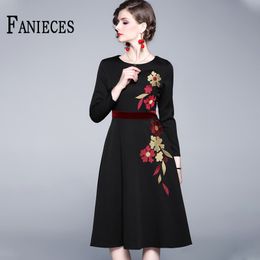 Spring Fall Women Velvet stitching Mid-length Embroidered Black Dress Long Sleeve Party A-Line Dresses Belted Slim robe femme 210520