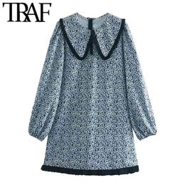 Women Chic Fashion Floral Print Patchwork Mini Dress Vintage Peter pan Collar Back Zipper Female Dresses Mujer 210507