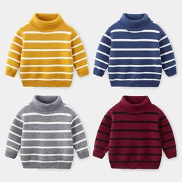 Cold Winter Warm 2 3 4 6 8 10 Years 90-140cm Thickening High Neck Knitted Turtleneck Striped Sweater For Baby Kids Boys 210414